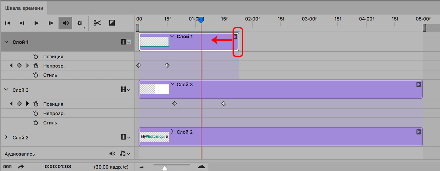 Изменение длины дорожки на шкале времени в Фотошопе