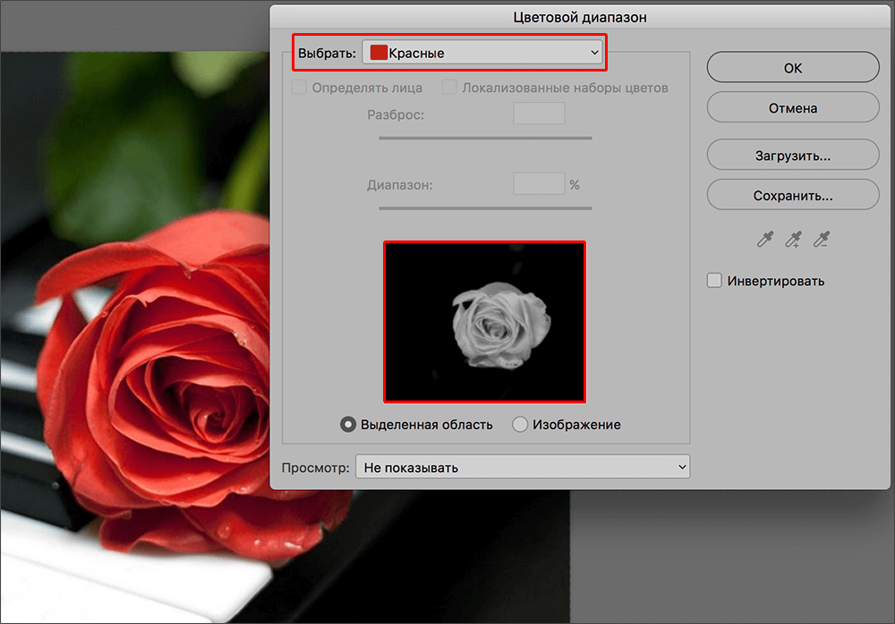 Выделение красного цвета с помощью инструмента Цветовой диапазон в Photoshop
