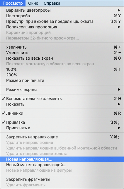 Установка новой направляющей через меню Просмотр в Фотошопе