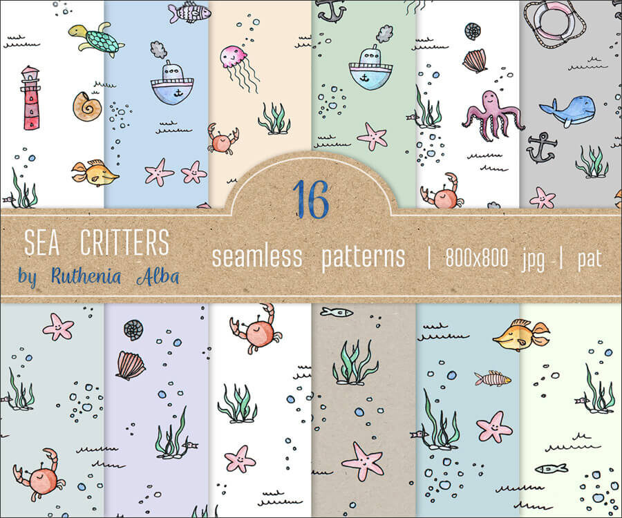 Фоны-паттерны с нарисованными морскими обитателями